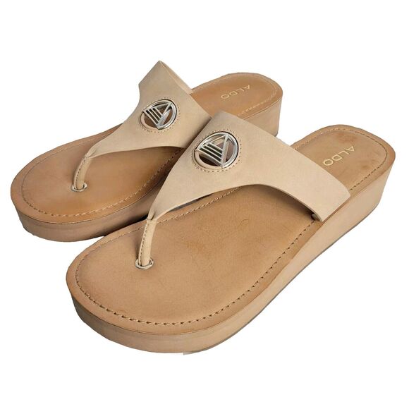 Aldo Women's Brown Leather Thong Wedge Flip Flop Sandals SZ 9 - Picture 1 of 11
